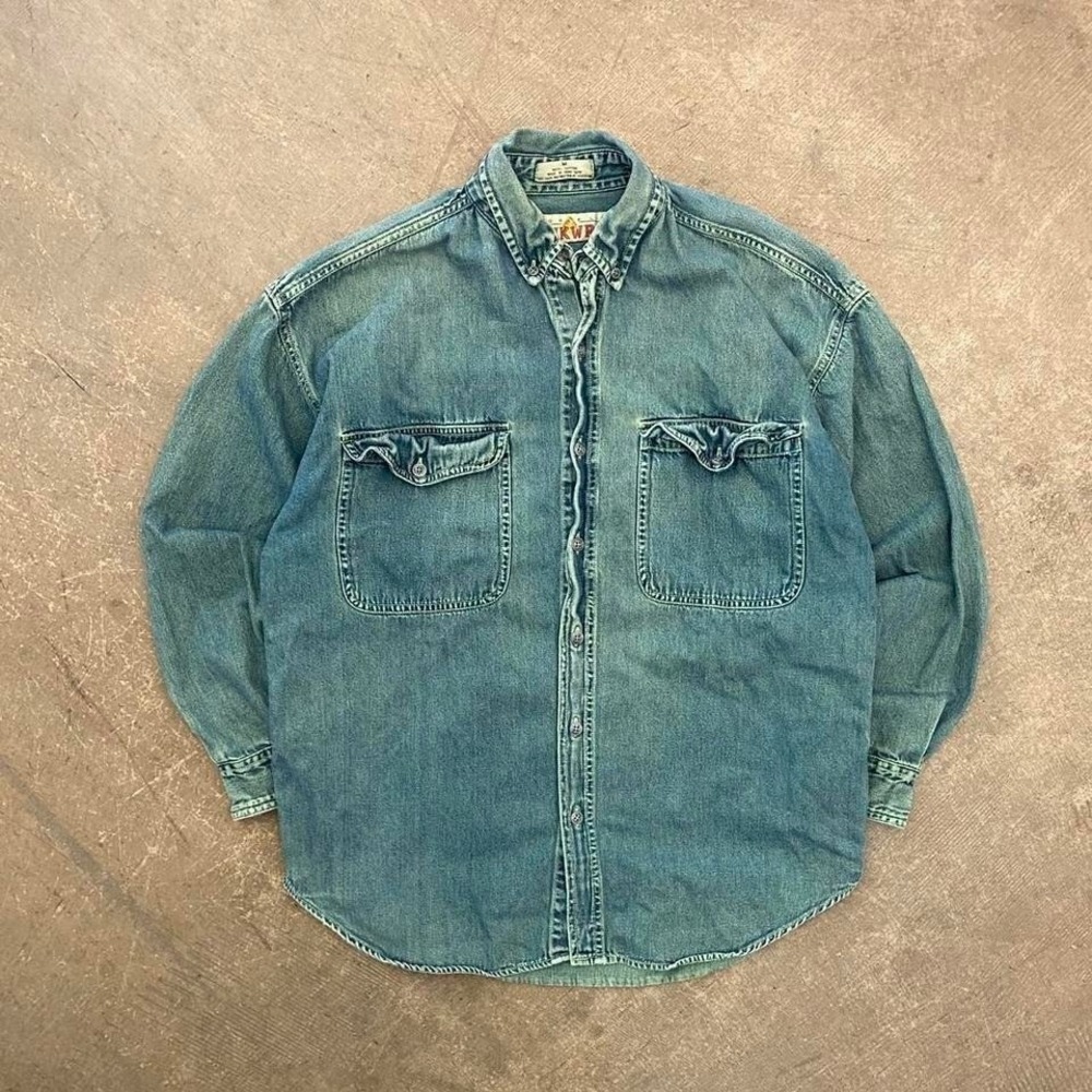 intage 90s Anchor Blue Workwear Denim Longsleeve Button Down Size Medium